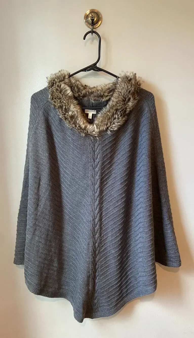 Grey Faux Fur Collar Cable Knit Poncho Cape Sweater